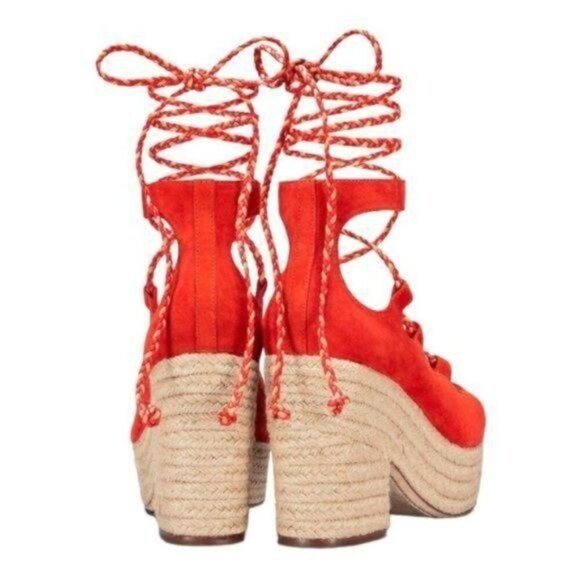 Tory Burch Poppy Orange Lace Up Positano Platform Espadrille Size 7 - Picture 4 of 10